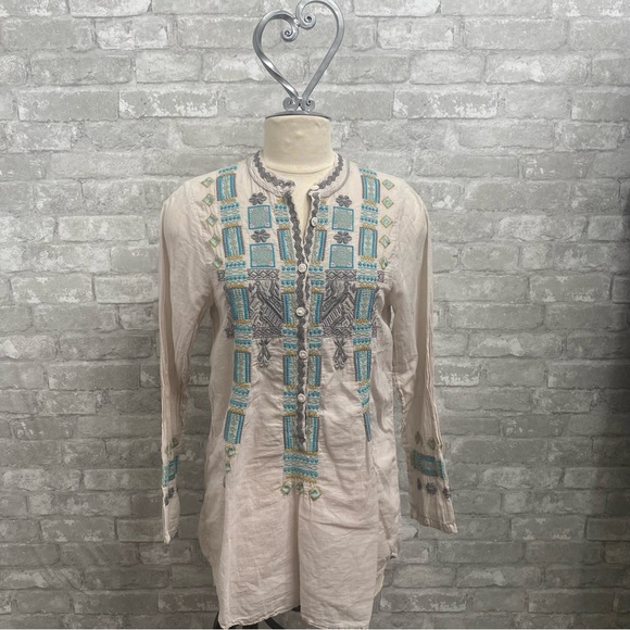 Johnny Was Biya Cream and Blue Mixed Print Long Sleeve Tunic - Picture 2 of 13